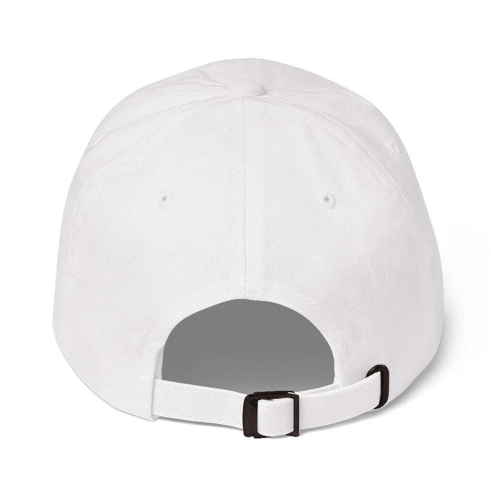 Back view of a white baseball cap.