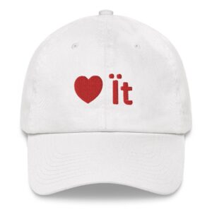 White cap with red "love it" design.