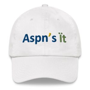 White cap with "Aspn's It" text design.
