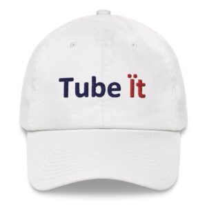 White cap with "Tube It" logo.