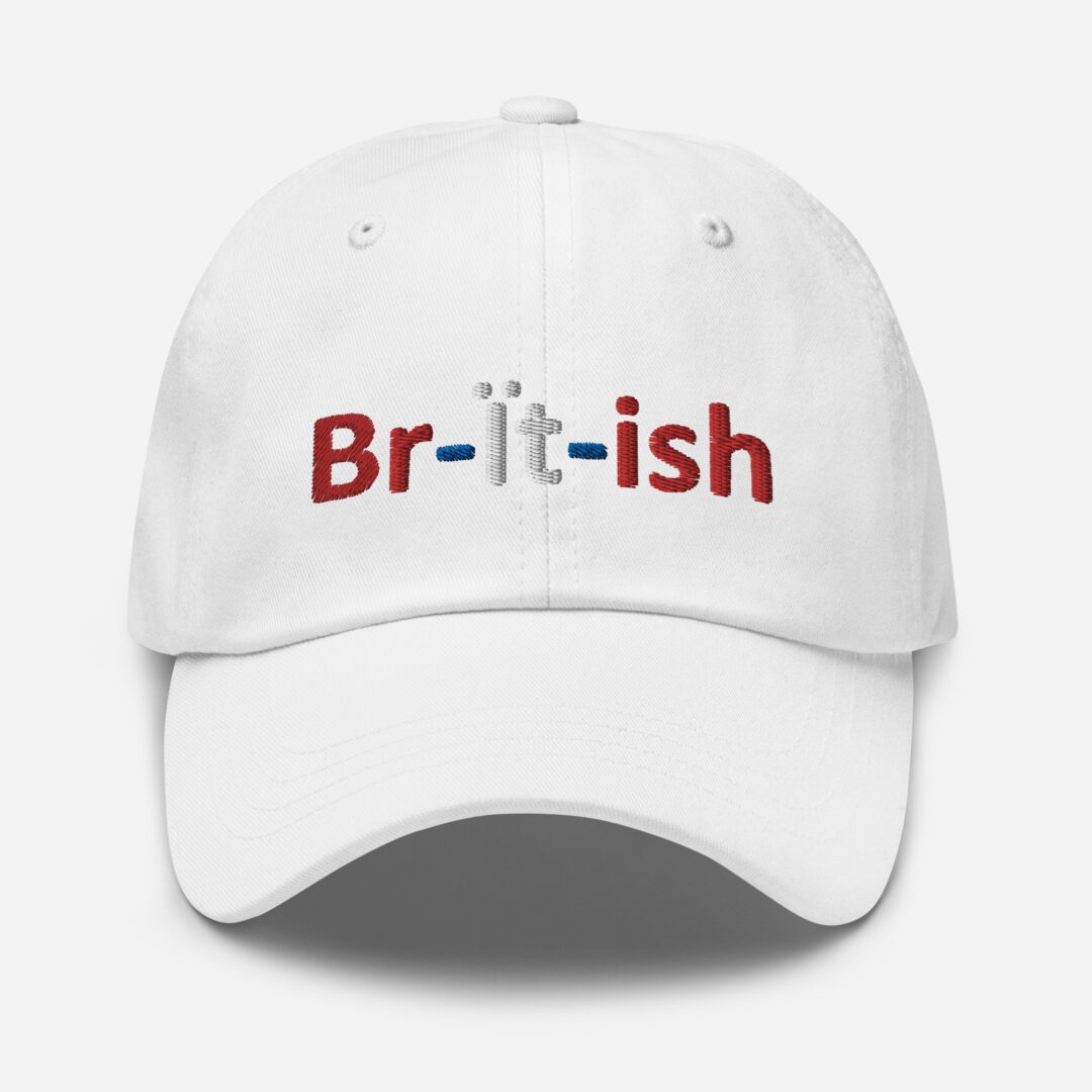 White cap with "British" embroidery design.