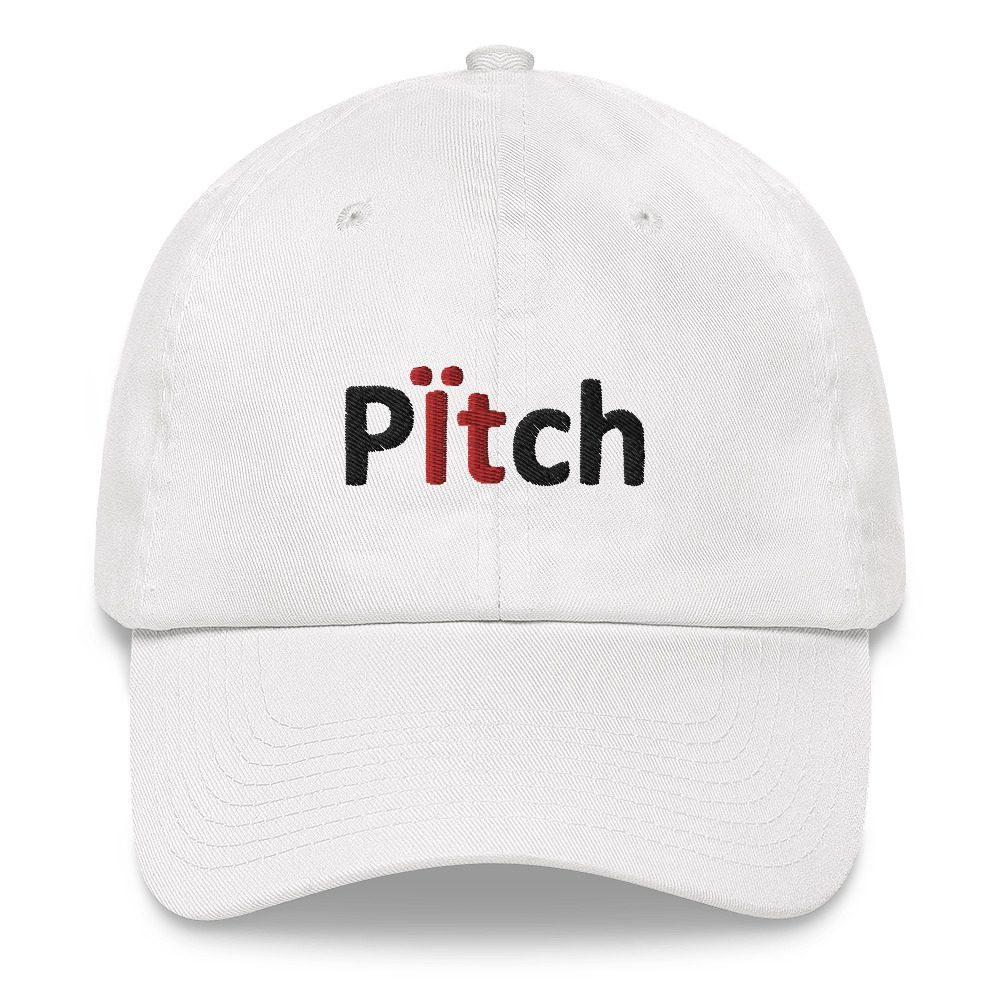 White cap with "Pitch" embroidered on front.