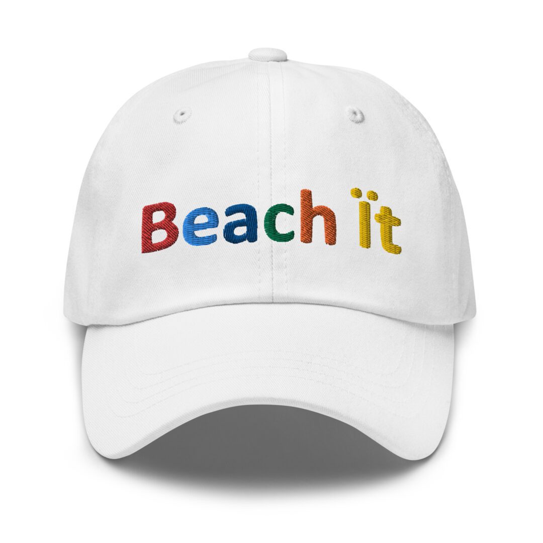 White cap with "Beach it" text design.