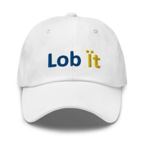 White cap with "Lob it" embroidery.