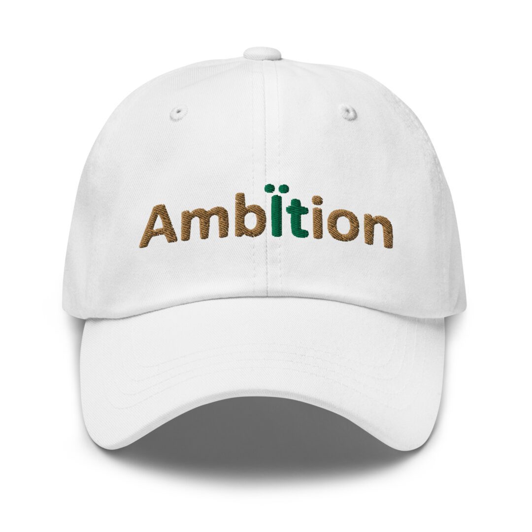 White cap with "Ambition" text embroidered.