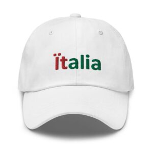 White cap with "Italia" embroidered in colors.