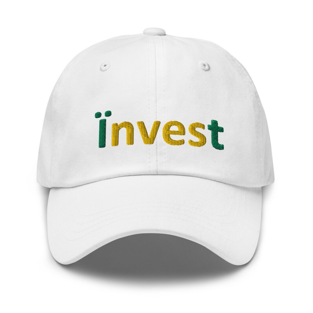White cap with "Invest" embroidered in green.