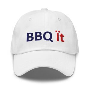 White cap with "BBQ it" text embroidered.