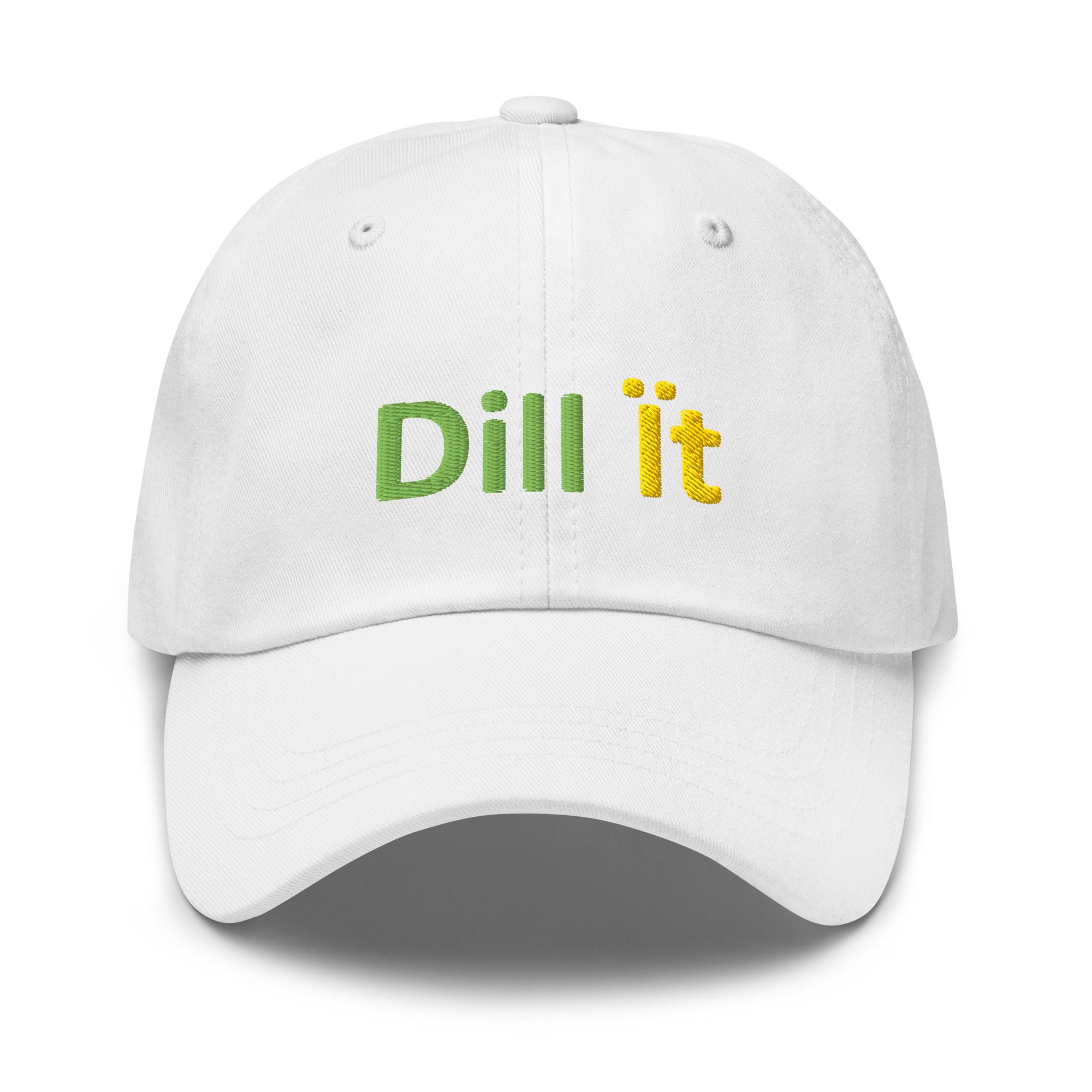 White cap with "Dill it" text embroidered.
