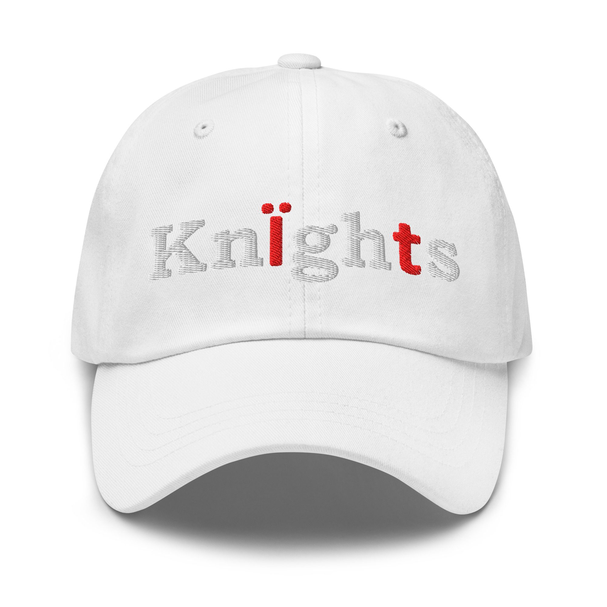 White cap with "Knights" embroidered in red.