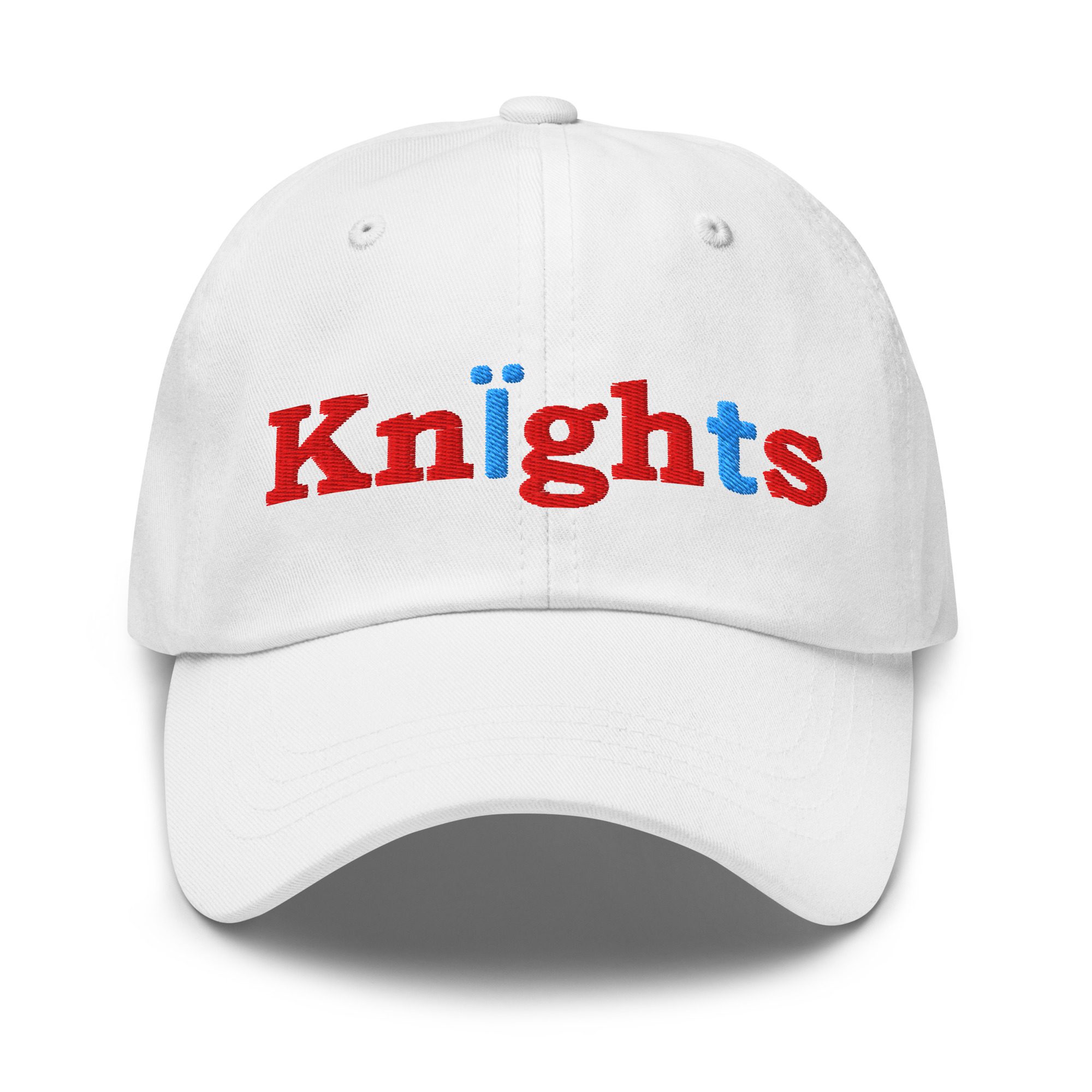 White cap with "Knights" embroidered text.