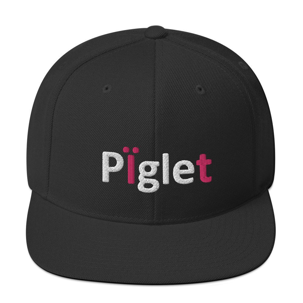 Black cap with "Piglet" embroidered on front.