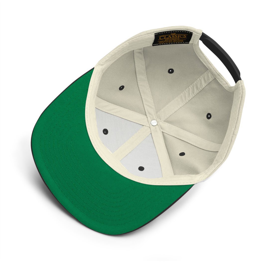Inside view of a green-brimmed cap.