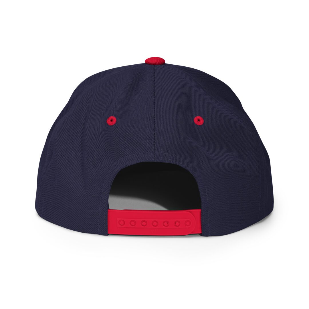 Back view of a navy snapback cap.