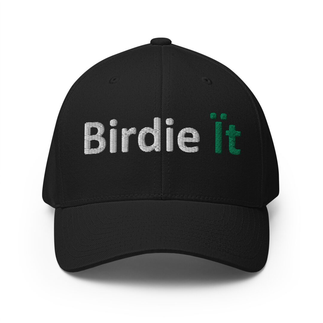 Black cap with "Birdie It" text.