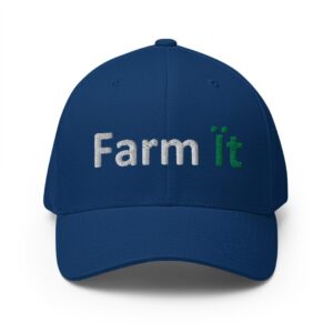 Blue cap with "Farm it" embroidered text.