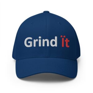 Blue cap with "Grind It" embroidered text.