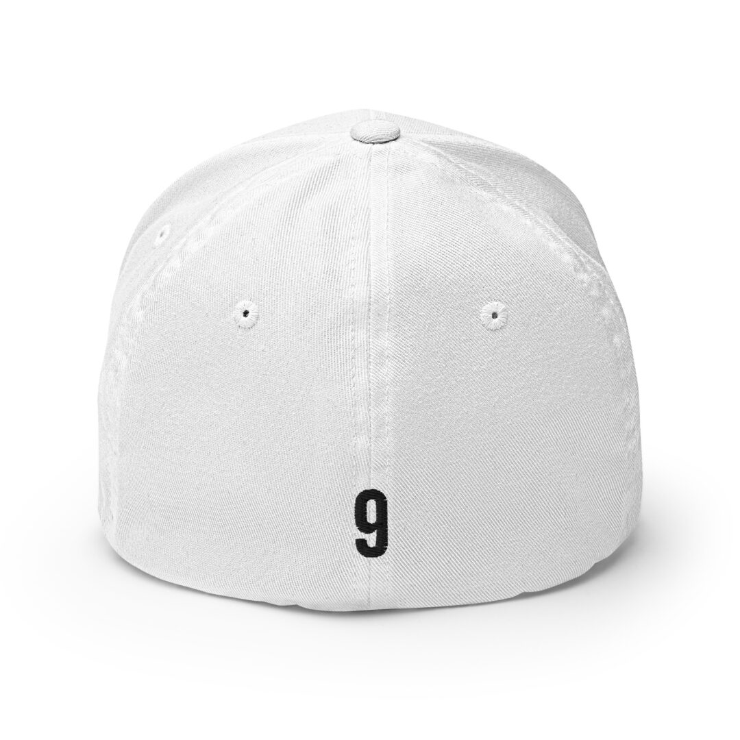 White baseball cap with number nine.