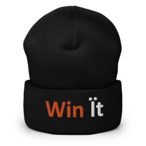 Black beanie with "Win It" text.
