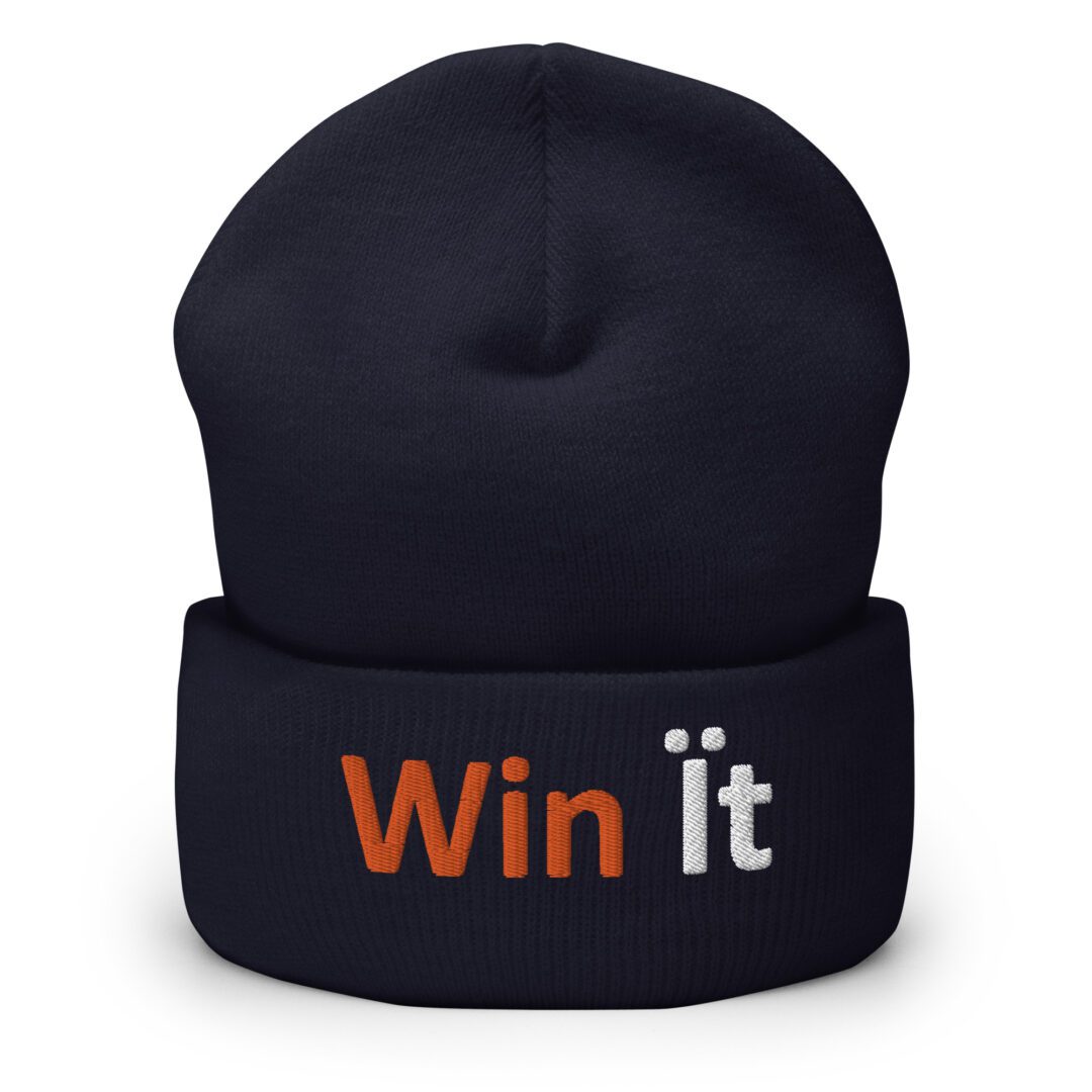 Black beanie with "Win It" embroidery.