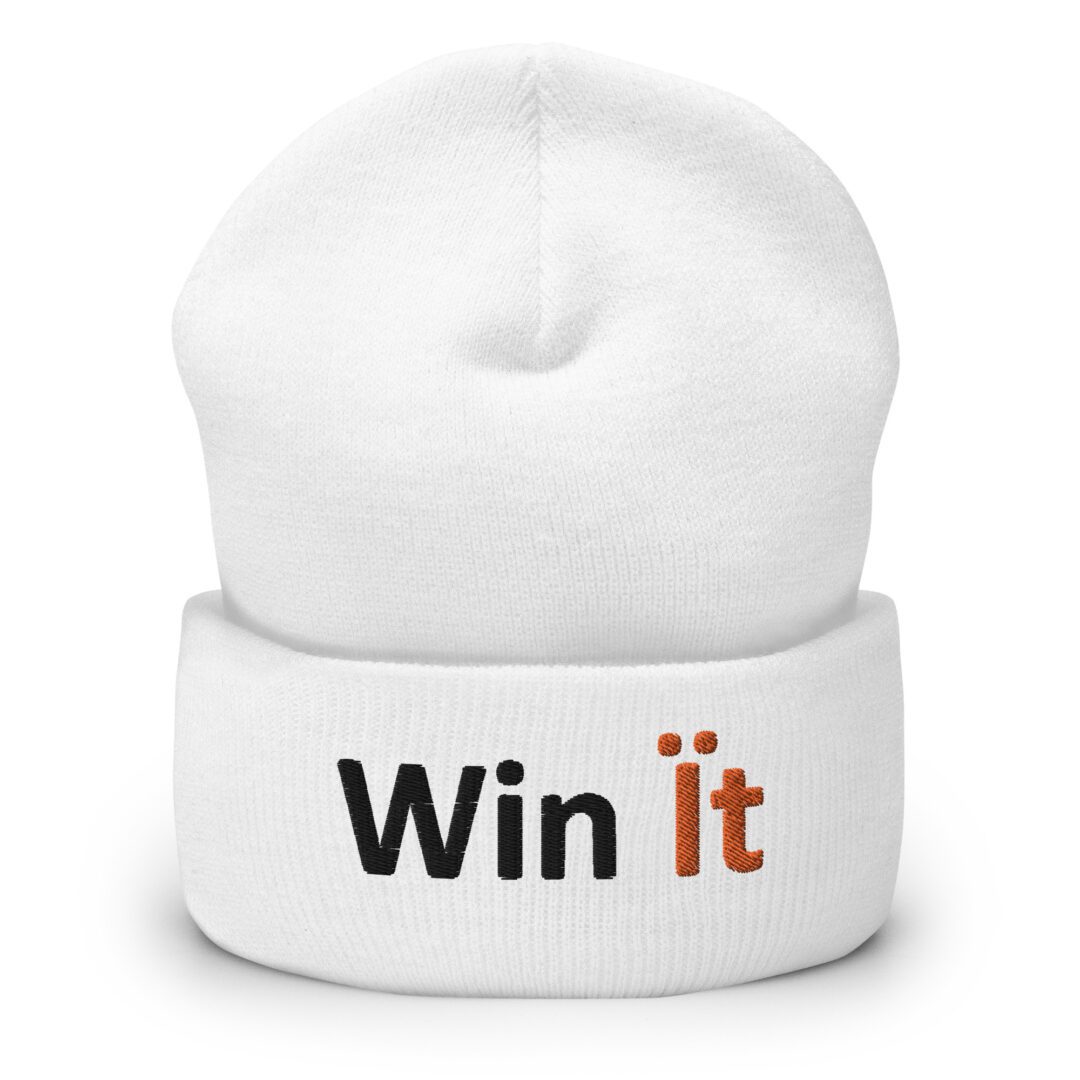 White beanie with "Win It" text.