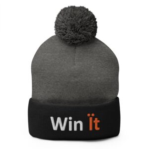 Gray and black pom-pom beanie, "Win It".