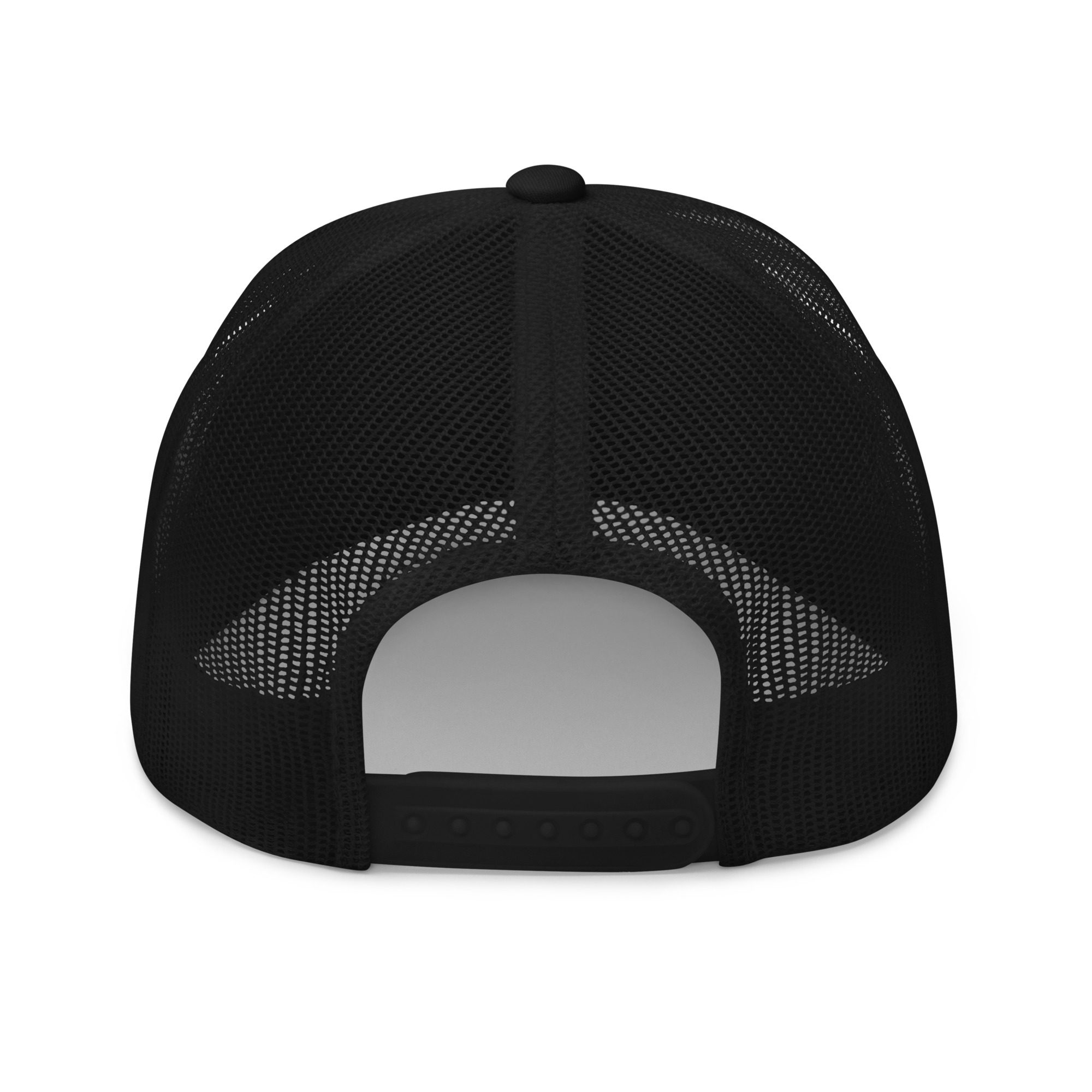 Black mesh trucker cap, back view.