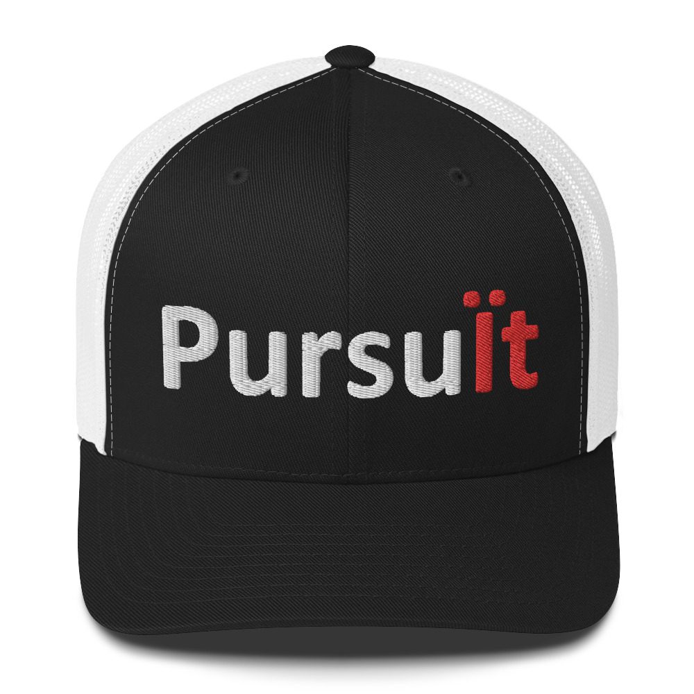 Black and white cap with "Pursuit" text.