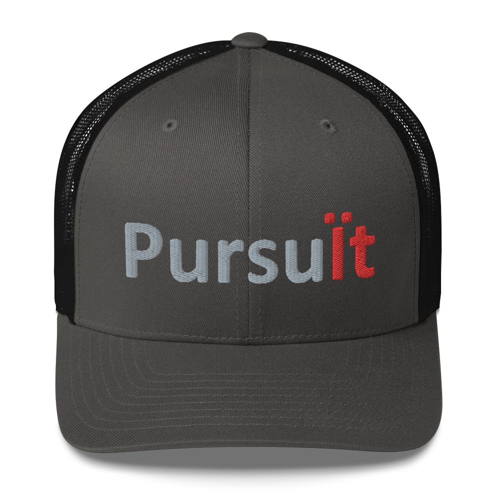 Gray cap with "Pursuit" logo design.