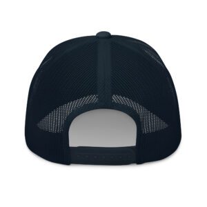 Black mesh trucker cap with adjustable strap.