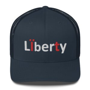 Navy cap with "Liberty" text design.