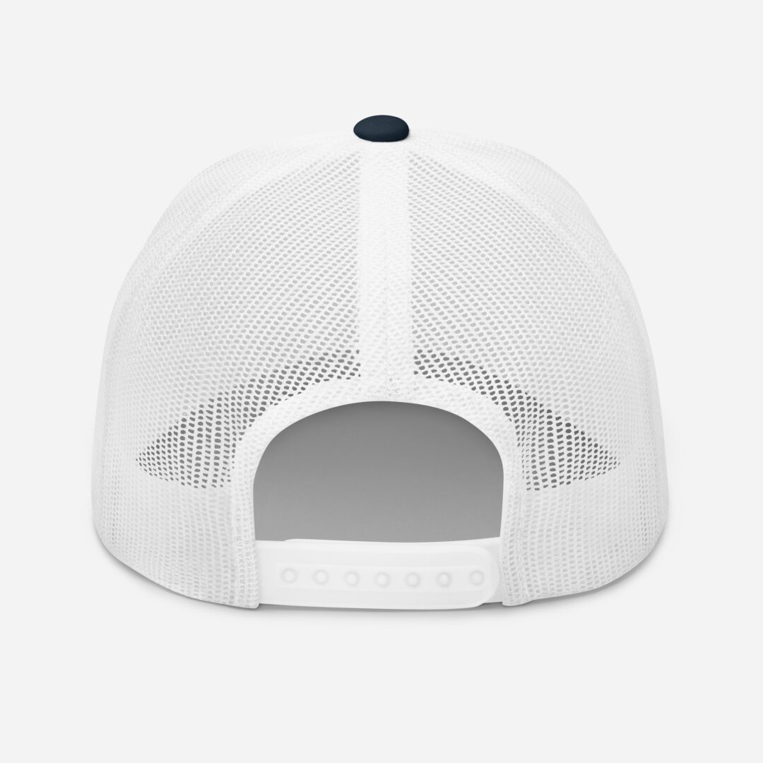 White mesh trucker hat, back view.