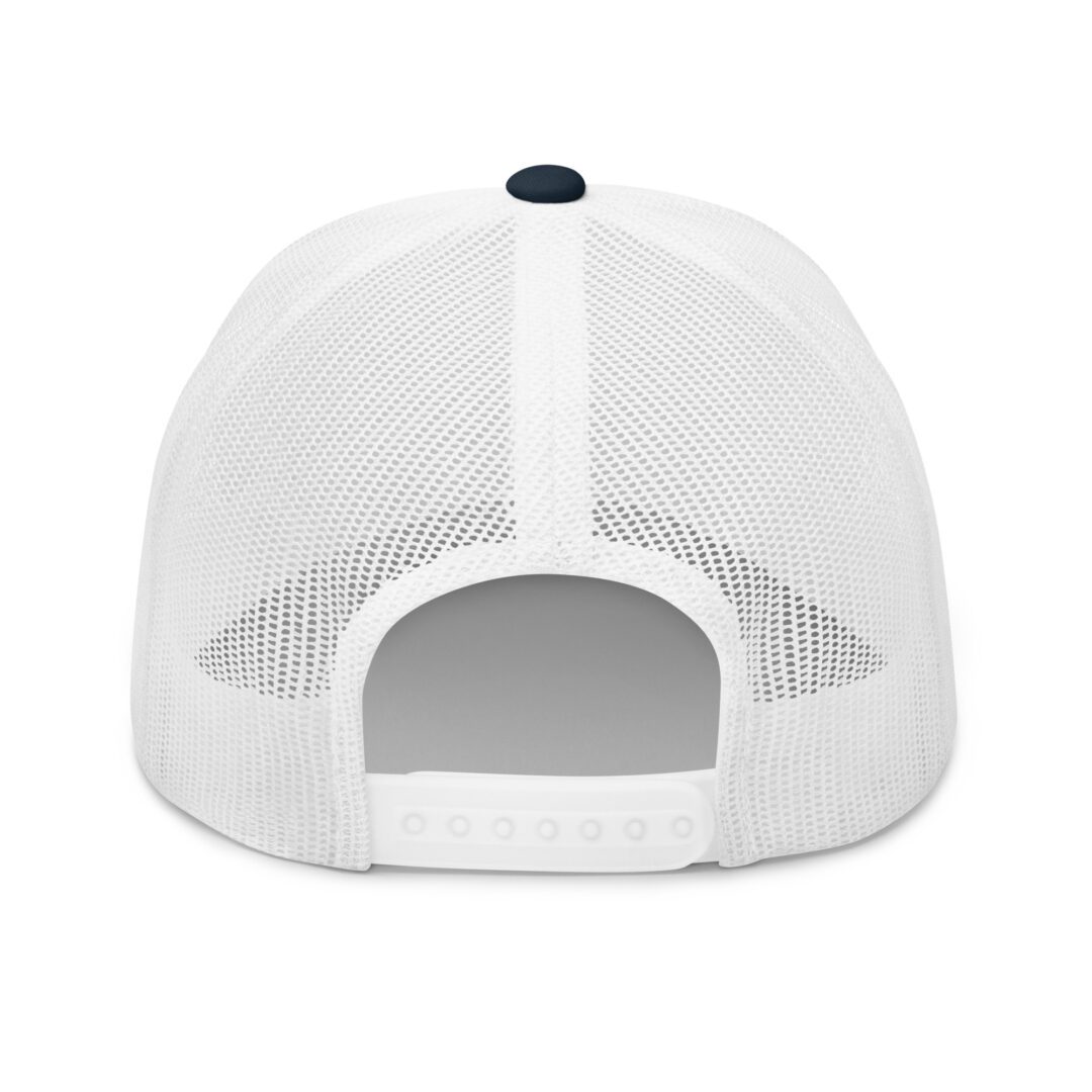 White mesh trucker hat, back view.
