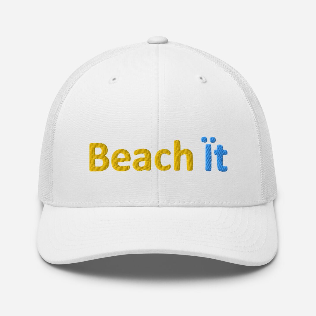 White cap with "Beach It" text design.