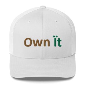 White cap with "Own It" text.