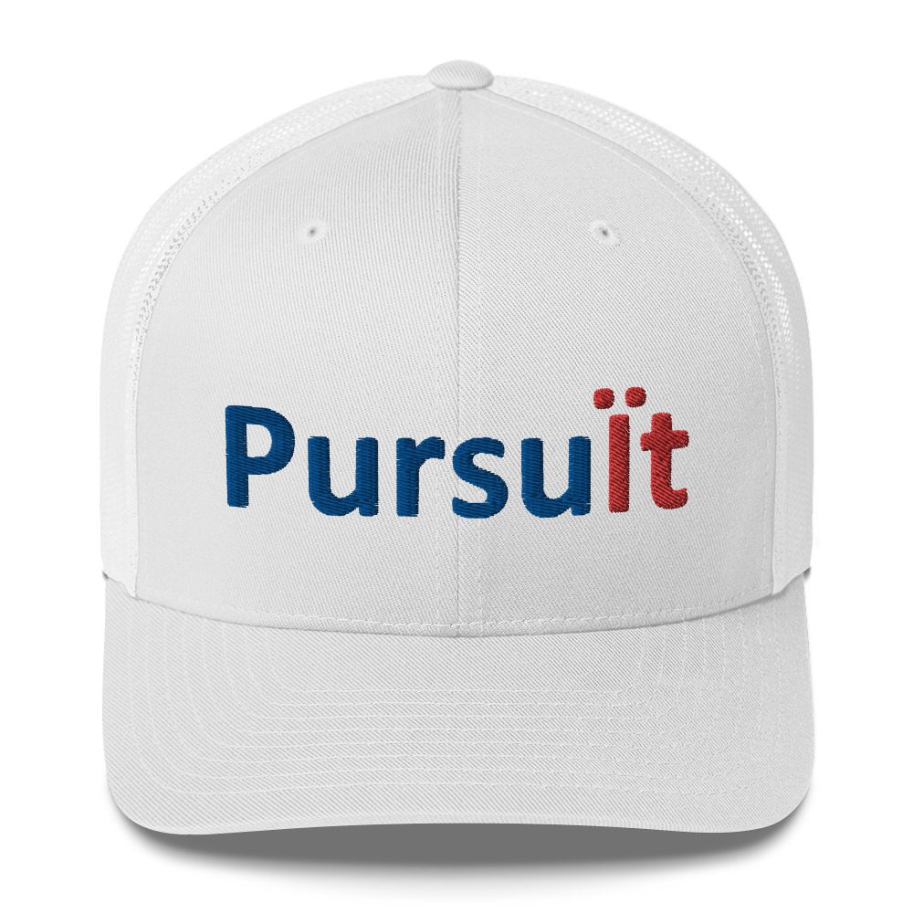 White cap with "Pursuit" text design.