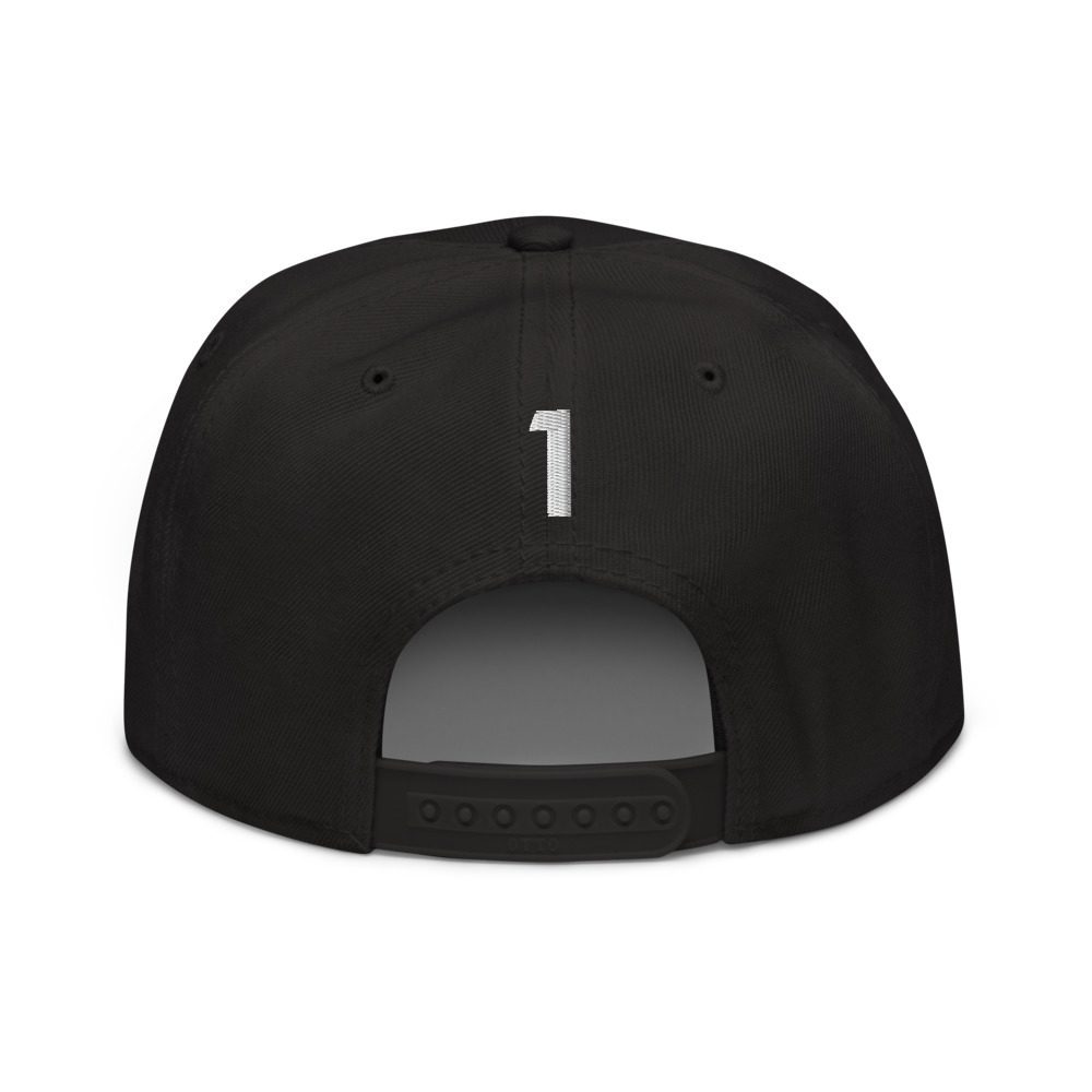 Back view of black cap, number one.