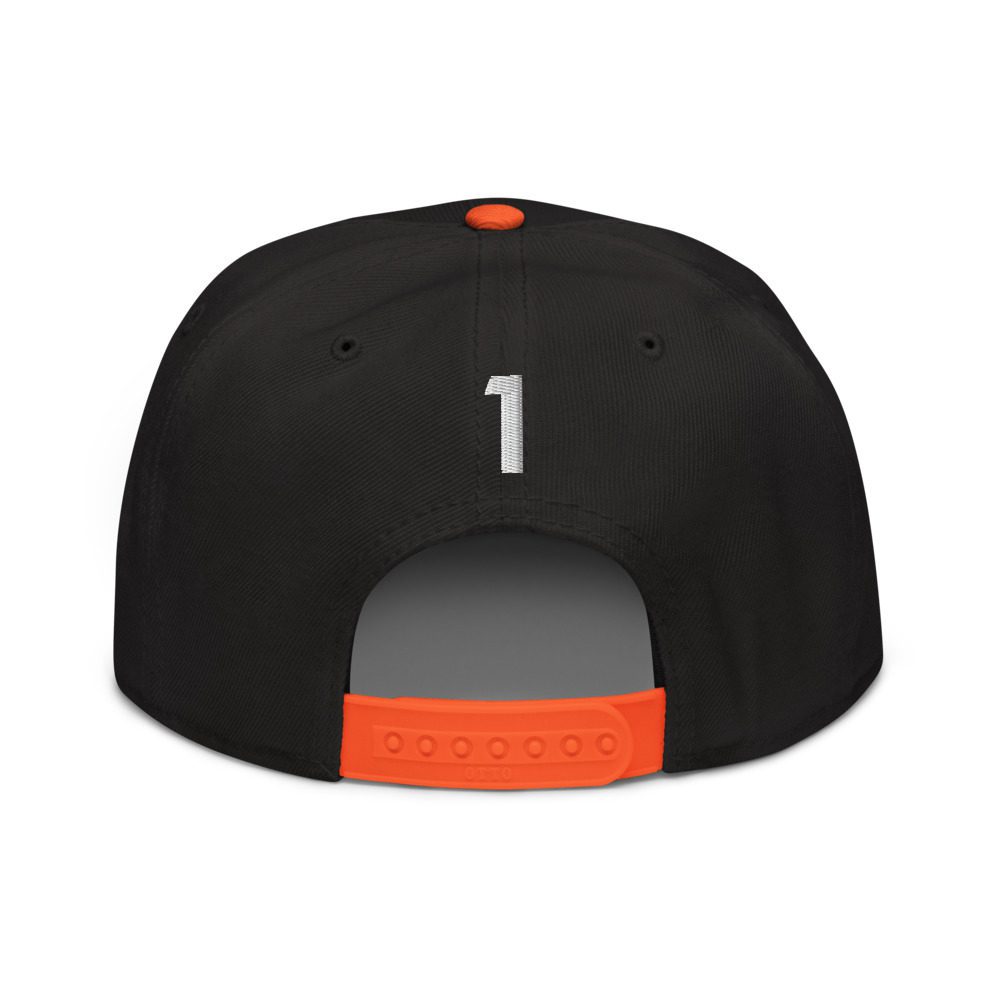 Black cap with orange strap, number one.