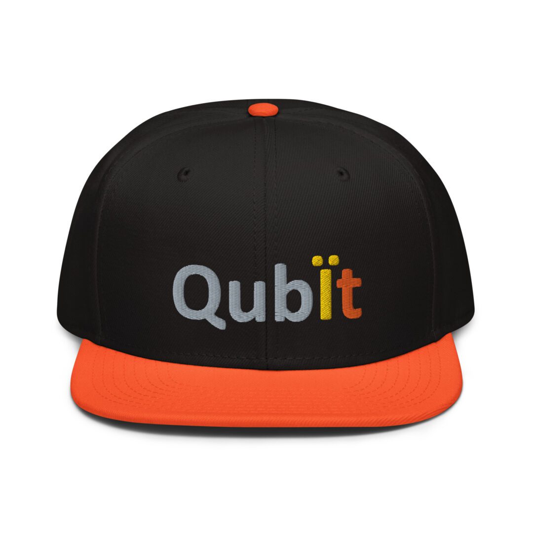Black and orange cap with "Qubit" logo.