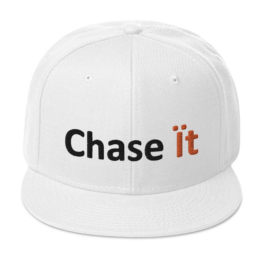 White cap with "Chase it" text.