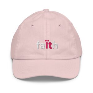 Pink baseball cap with "faith" embroidered text.